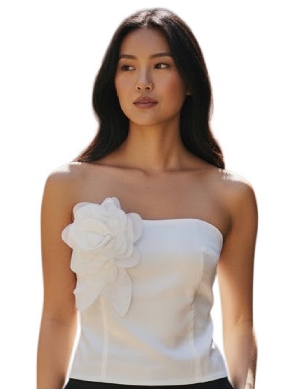 Marchesa White Strapless Top with Sculpted Floral Appliqué